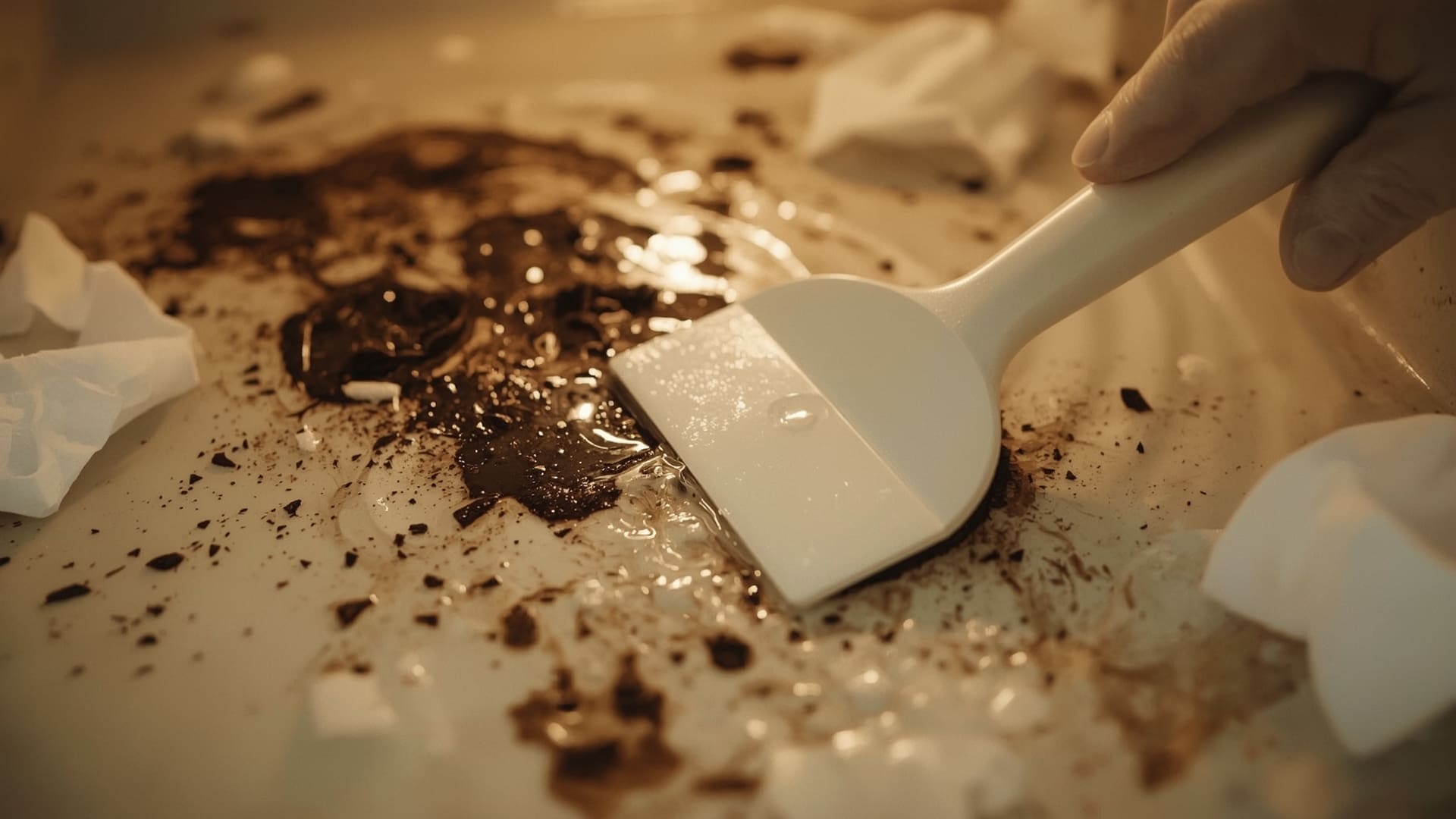 Plastic scraper removing baked-on grease from an oven floor after baking soda treatment