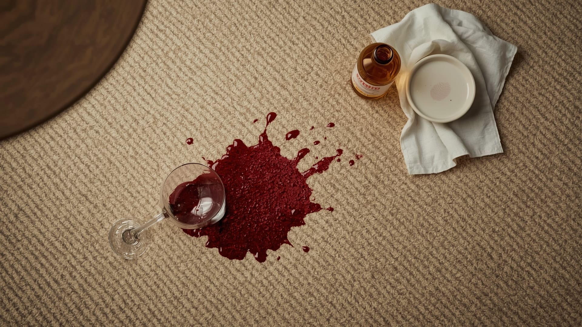 Red wine stain on cream carpet with dish soap solution and cloth for removal