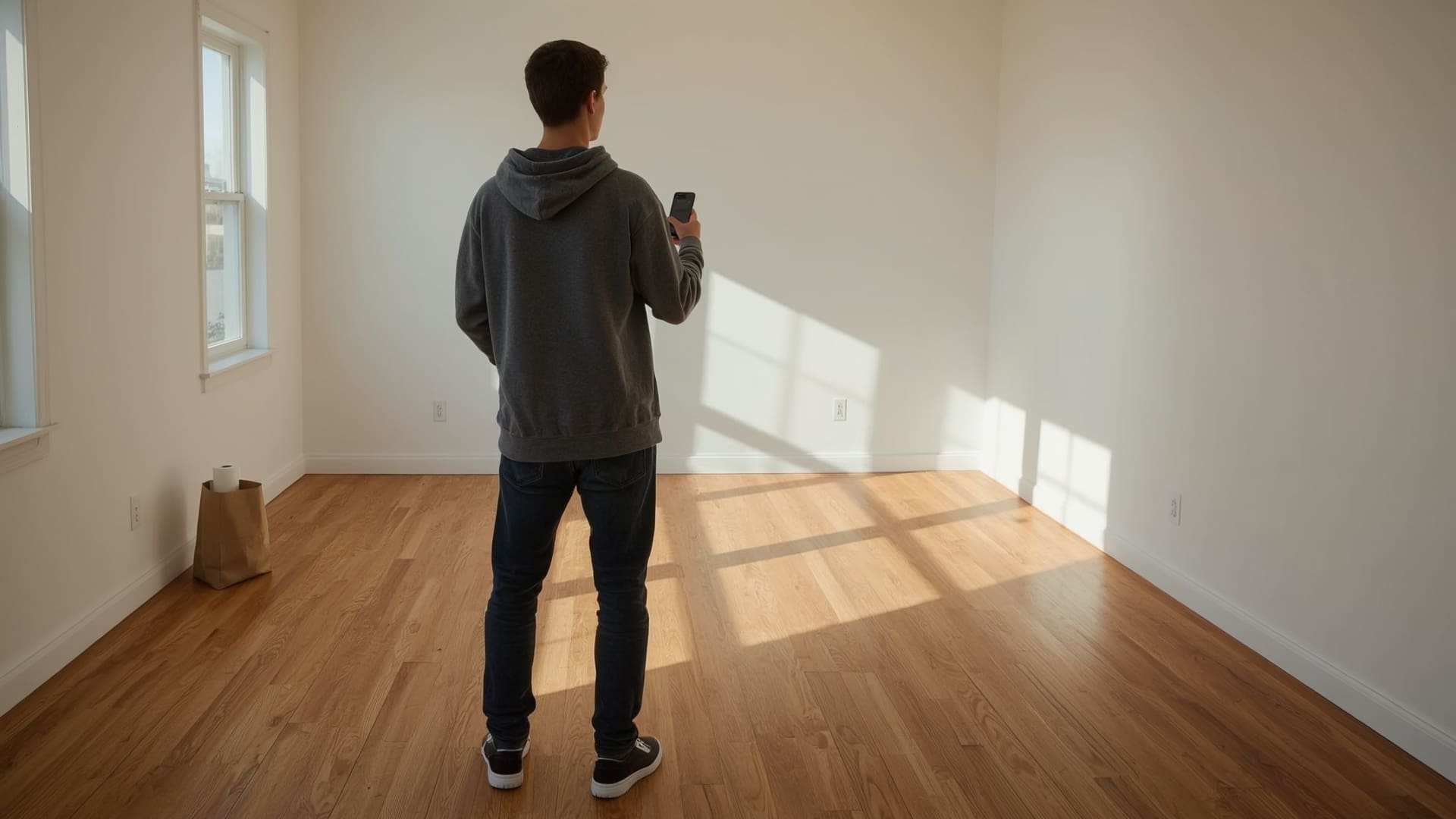 Tenant photographing empty clean apartment room during final move-out walkthrough
