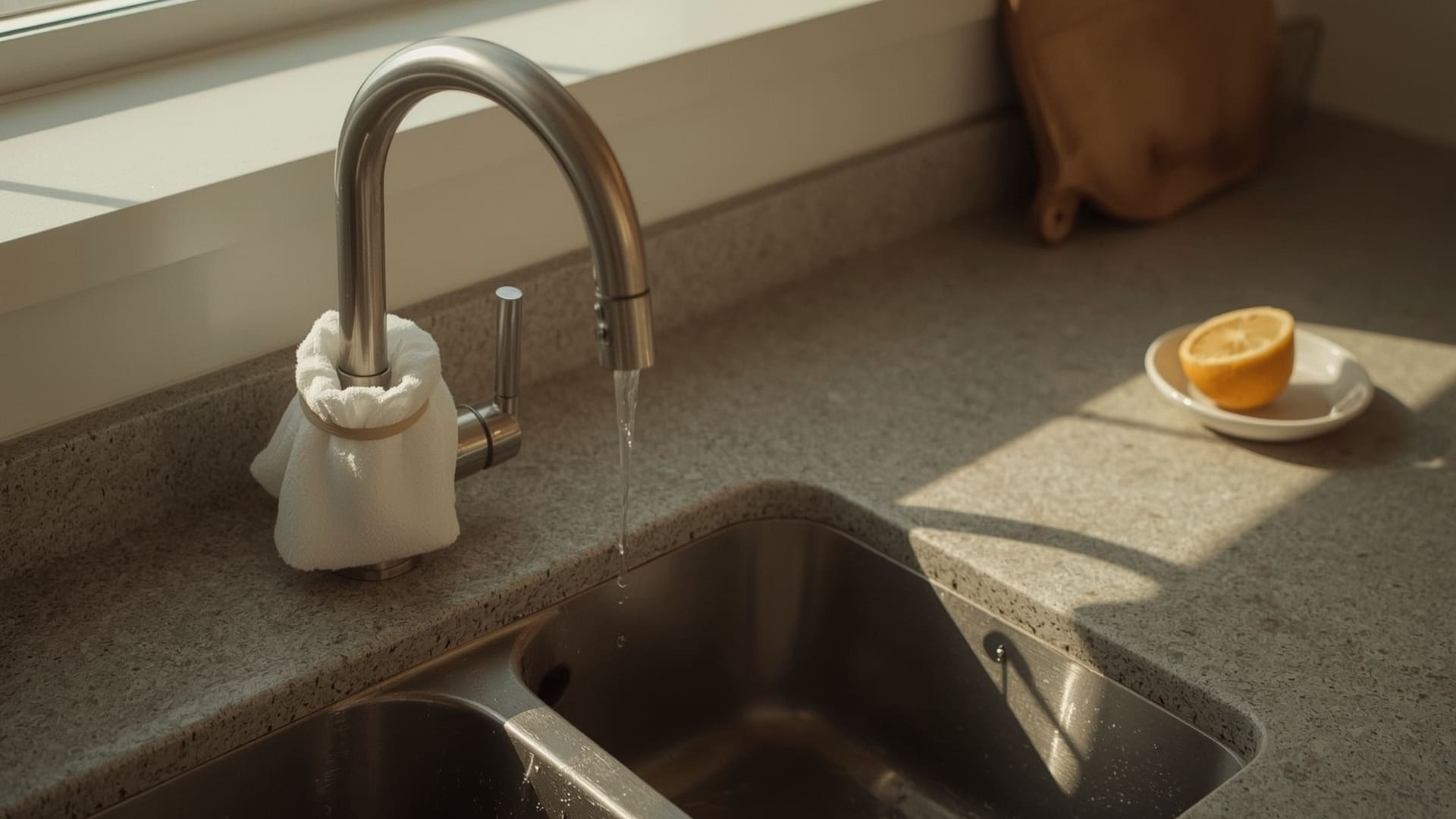 Vinegar-soaked microfiber cloth wrapped around chrome faucet to remove hard water stains