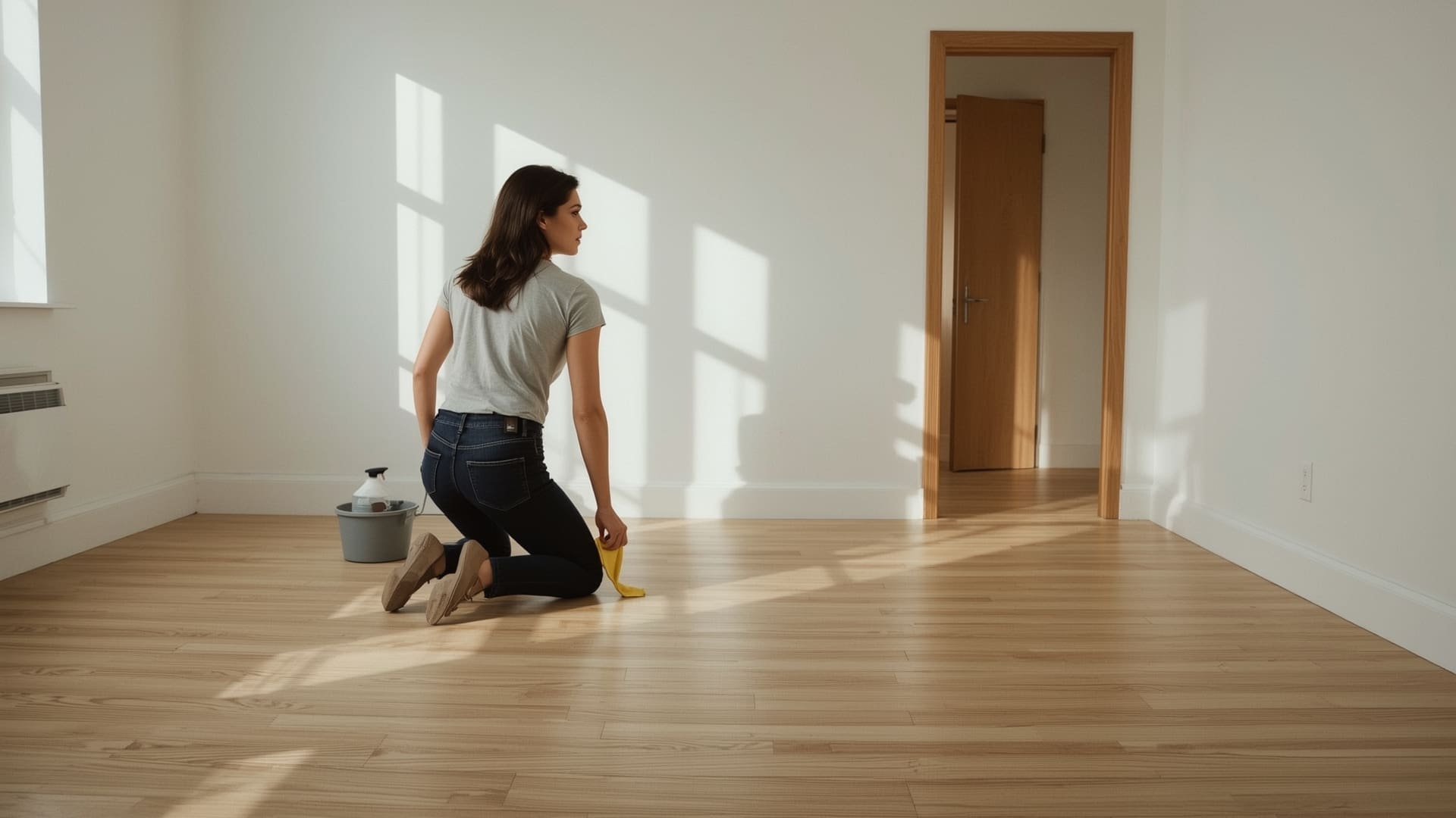 Woman cleaning baseboards in empty room with wooden floor