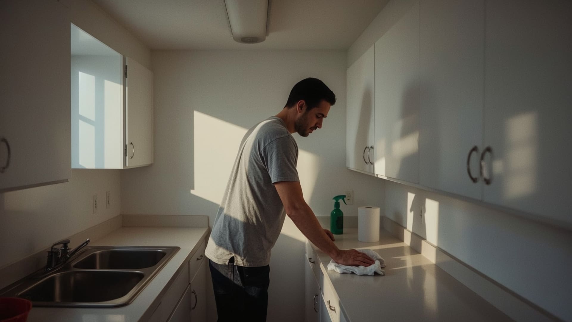 Cleaner wiping kitchen cabinets during standard move out cleaning service