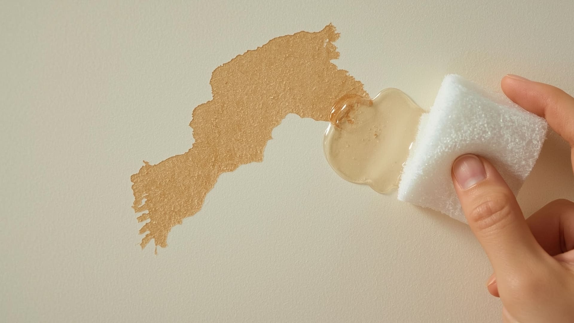 Close-up of painted wall stains being cleaned with damp sponge showing greasy fingerprints