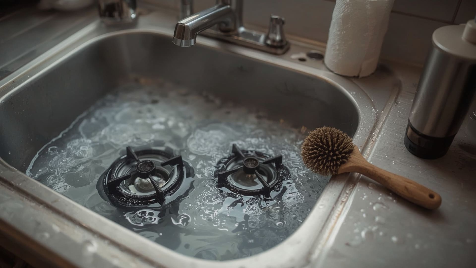 Gas stovetop grates soaking in soapy water in kitchen sink for deep cleaning