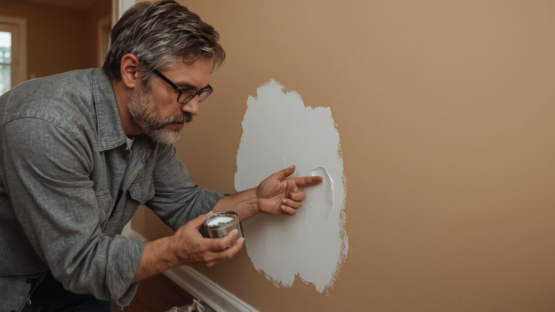 Man inspecting damaged painted wall deciding between cleaning and repainting with paint tin