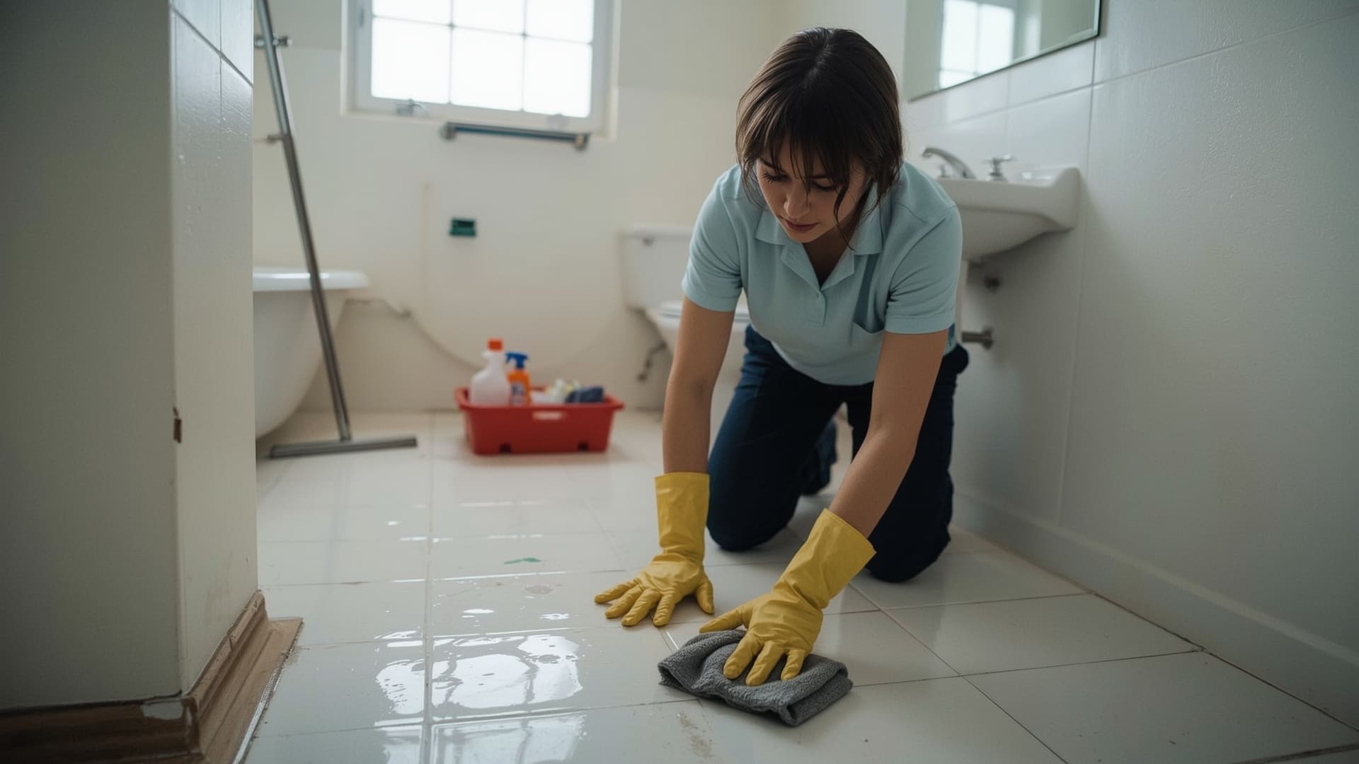 Professional cleaner scrubbing bathroom floor during move out cleaning service
