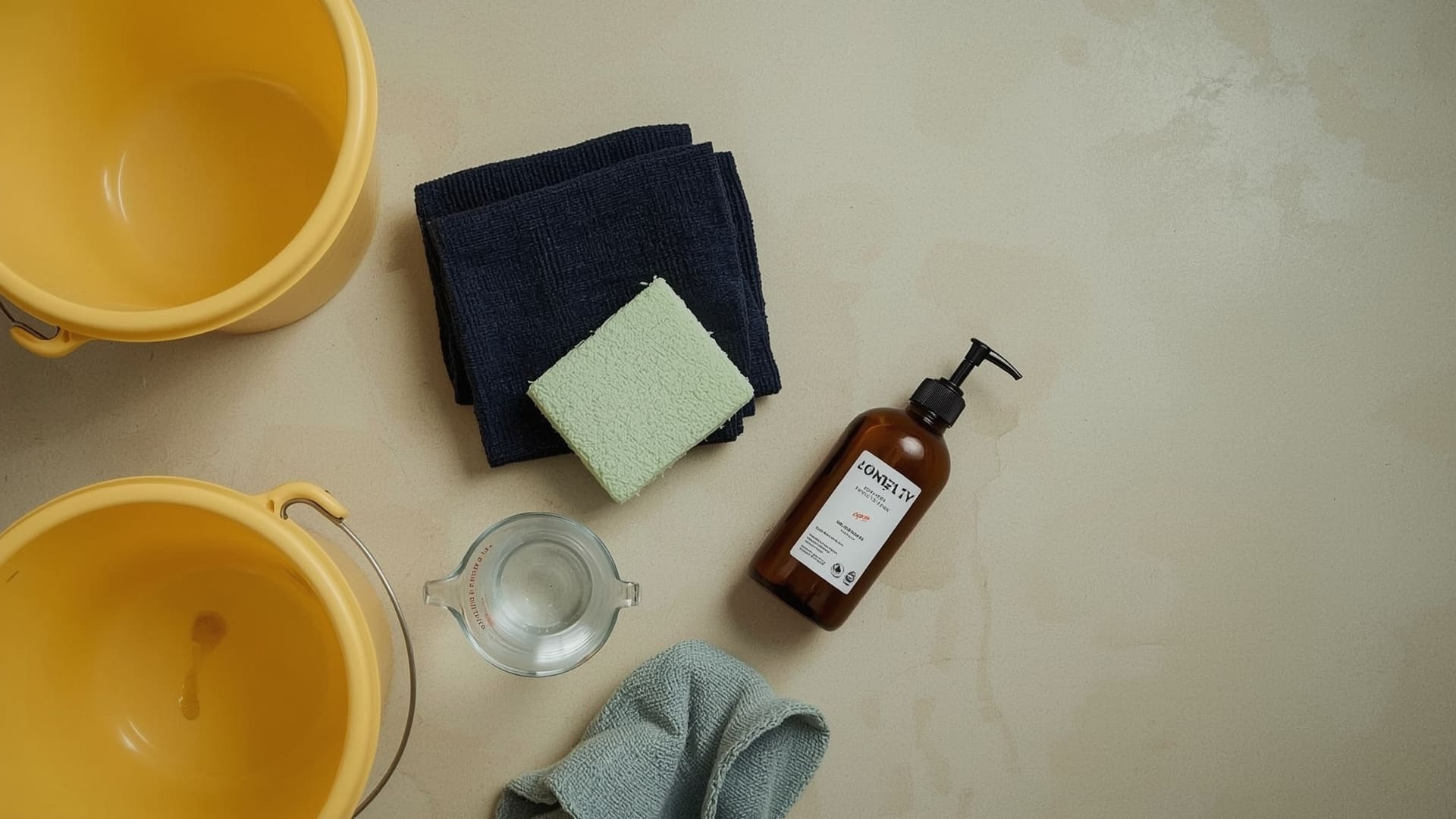 Safe wall cleaning supplies including microfiber cloth sponge buckets and mild dish soap