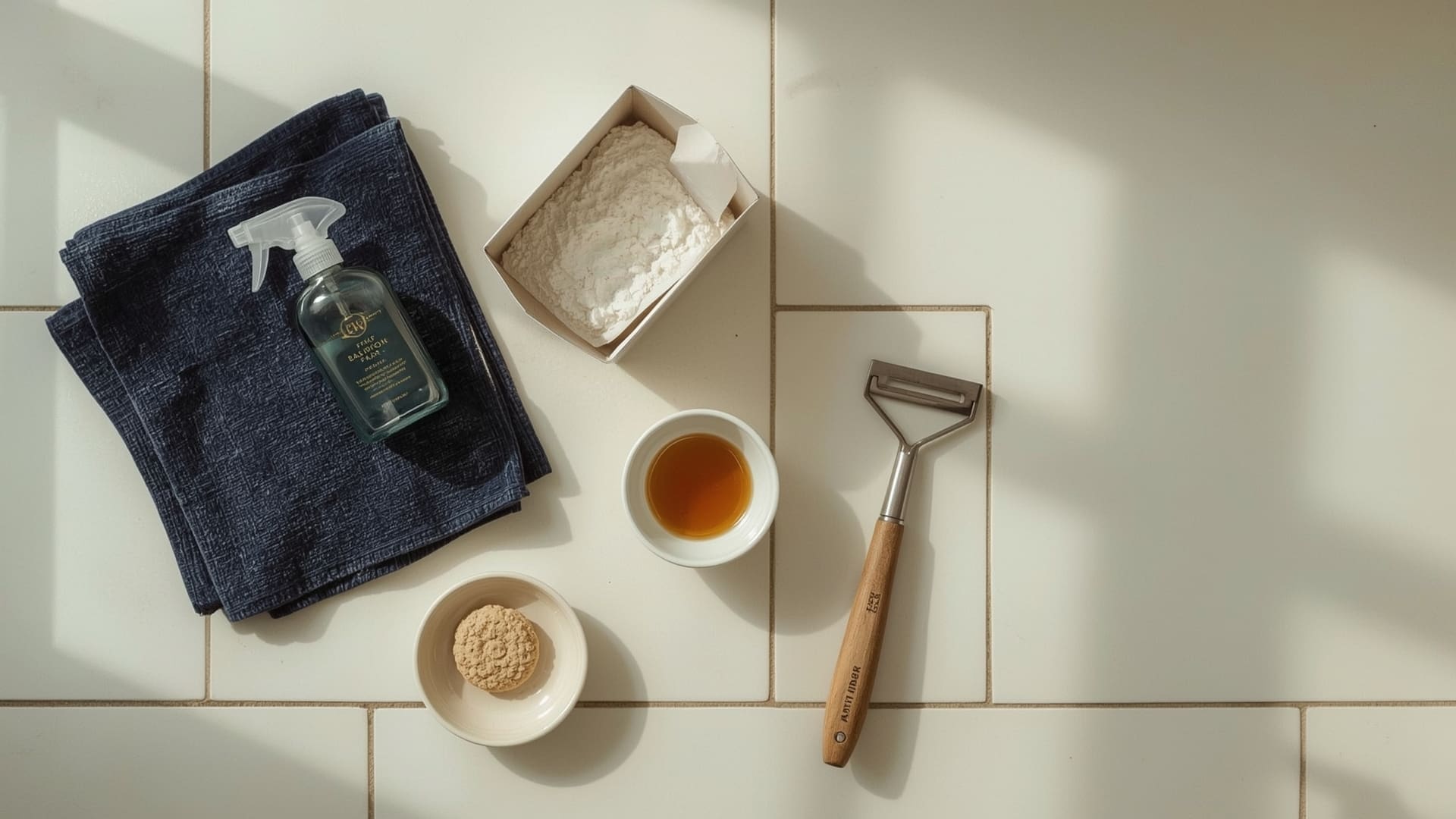 Stovetop cleaning supplies arranged on kitchen counter including baking soda and scrubbing pad