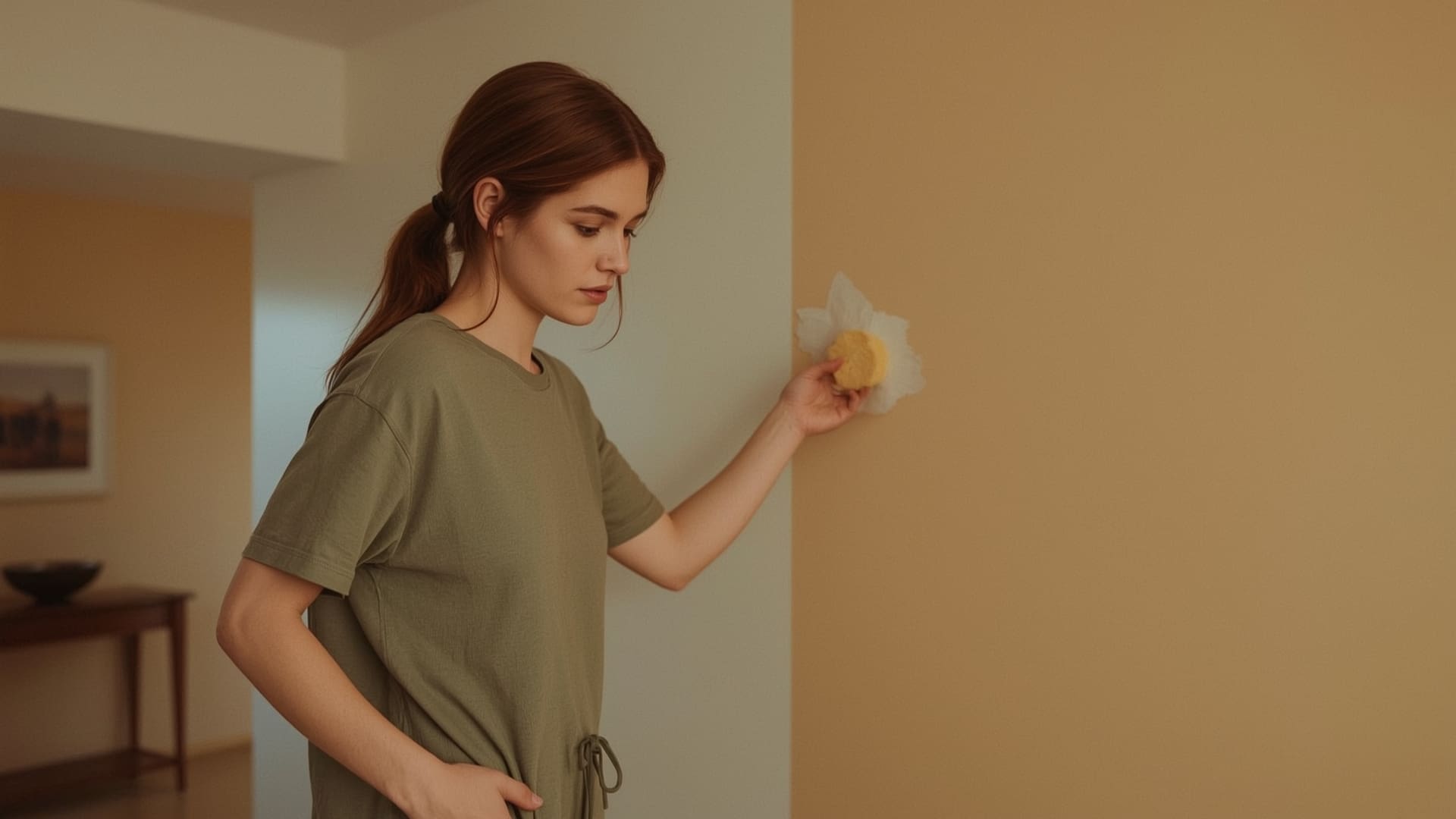 Woman cleaning painted wall with damp sponge using gentle circular motion in hallway