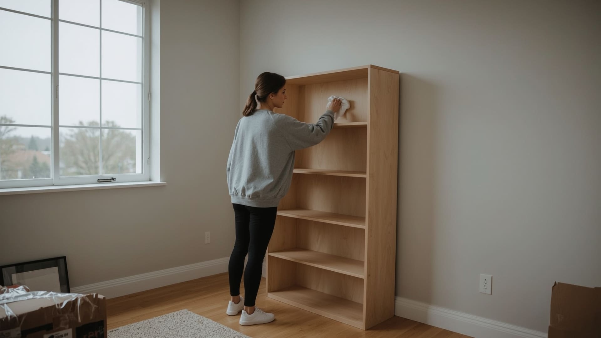 Woman pre-cleaning shelves in half-packed apartment to reduce move out cleaning costs
