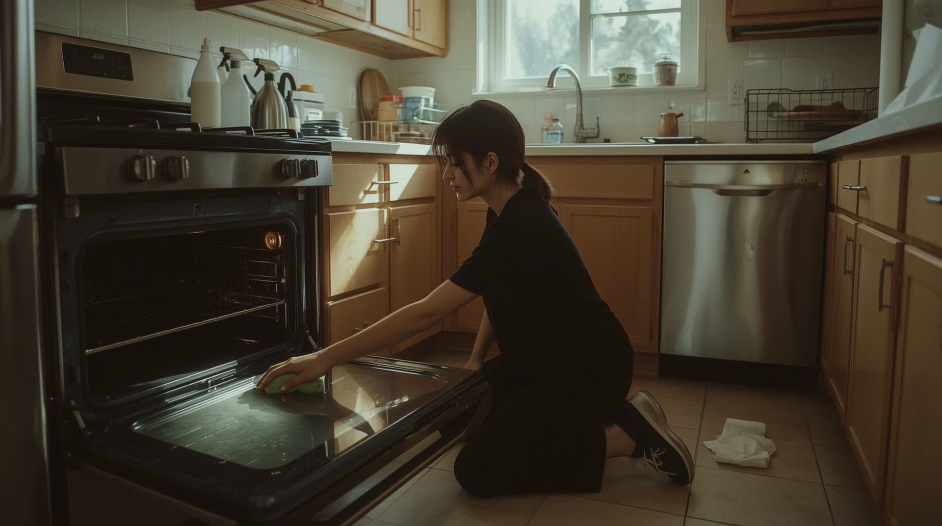 Person scrubbing oven interior during end of lease kitchen cleaning inspection