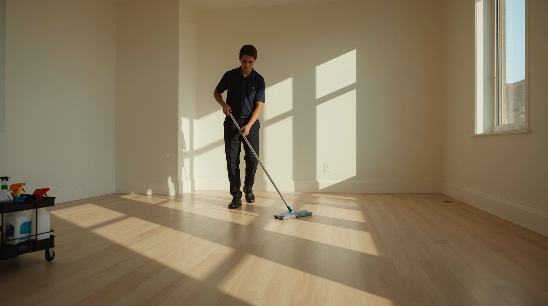Professional cleaner mopping empty home before move-in day in Raleigh