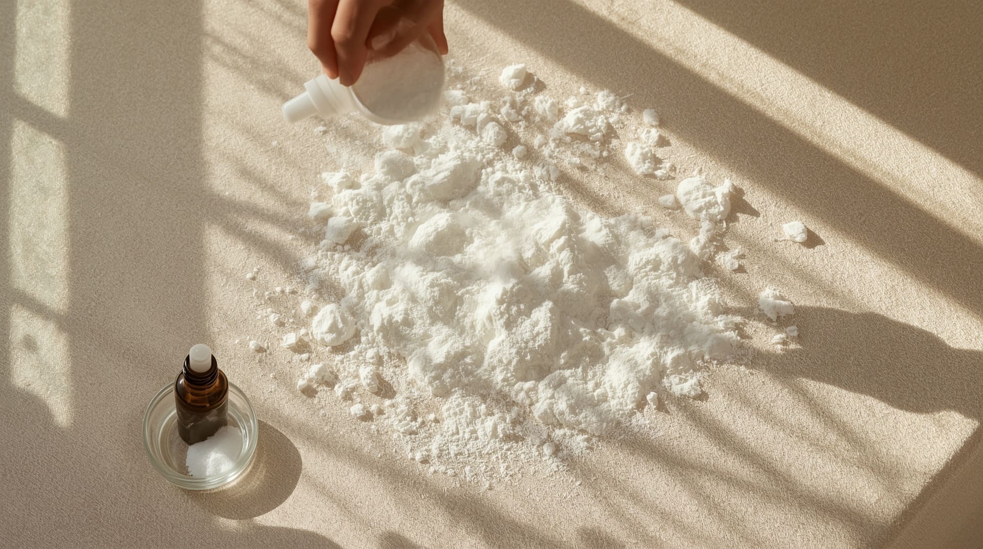 baking soda being sprinkled over a mattress surface to remove odors