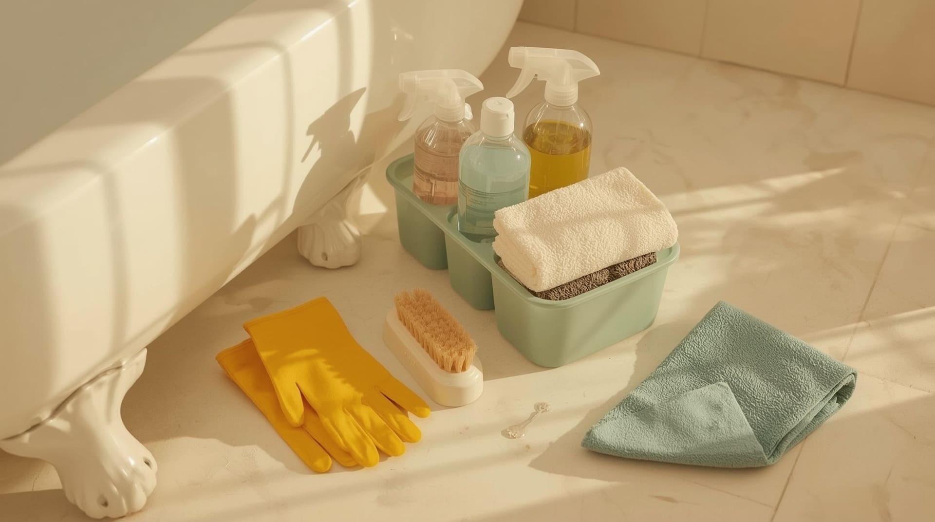 Bathroom cleaning supplies arranged on tile floor before deep cleaning session