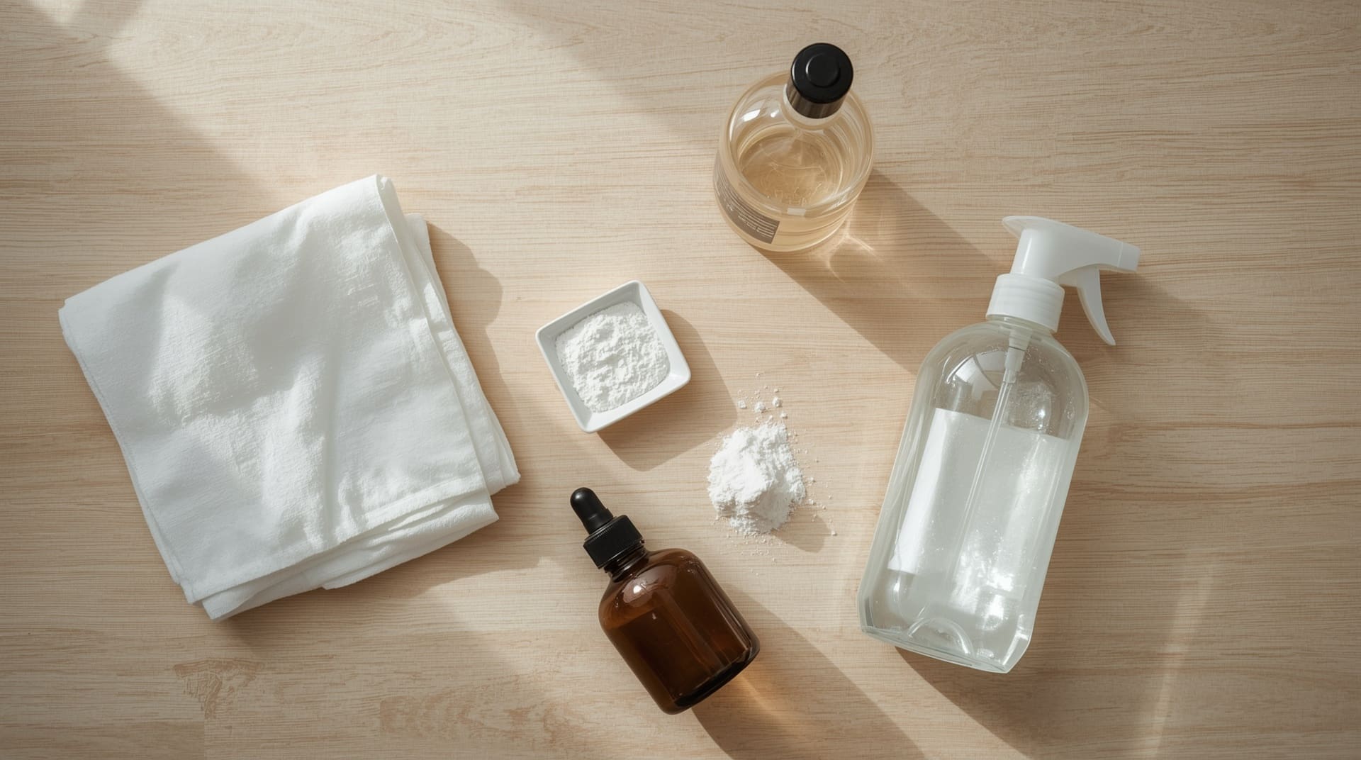 Flat lay of household cleaning supplies for removing urine stains from mattress