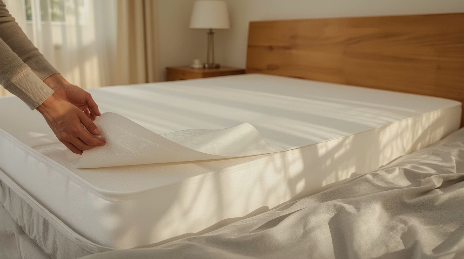 Hands fitting waterproof mattress protector to prevent future urine stains