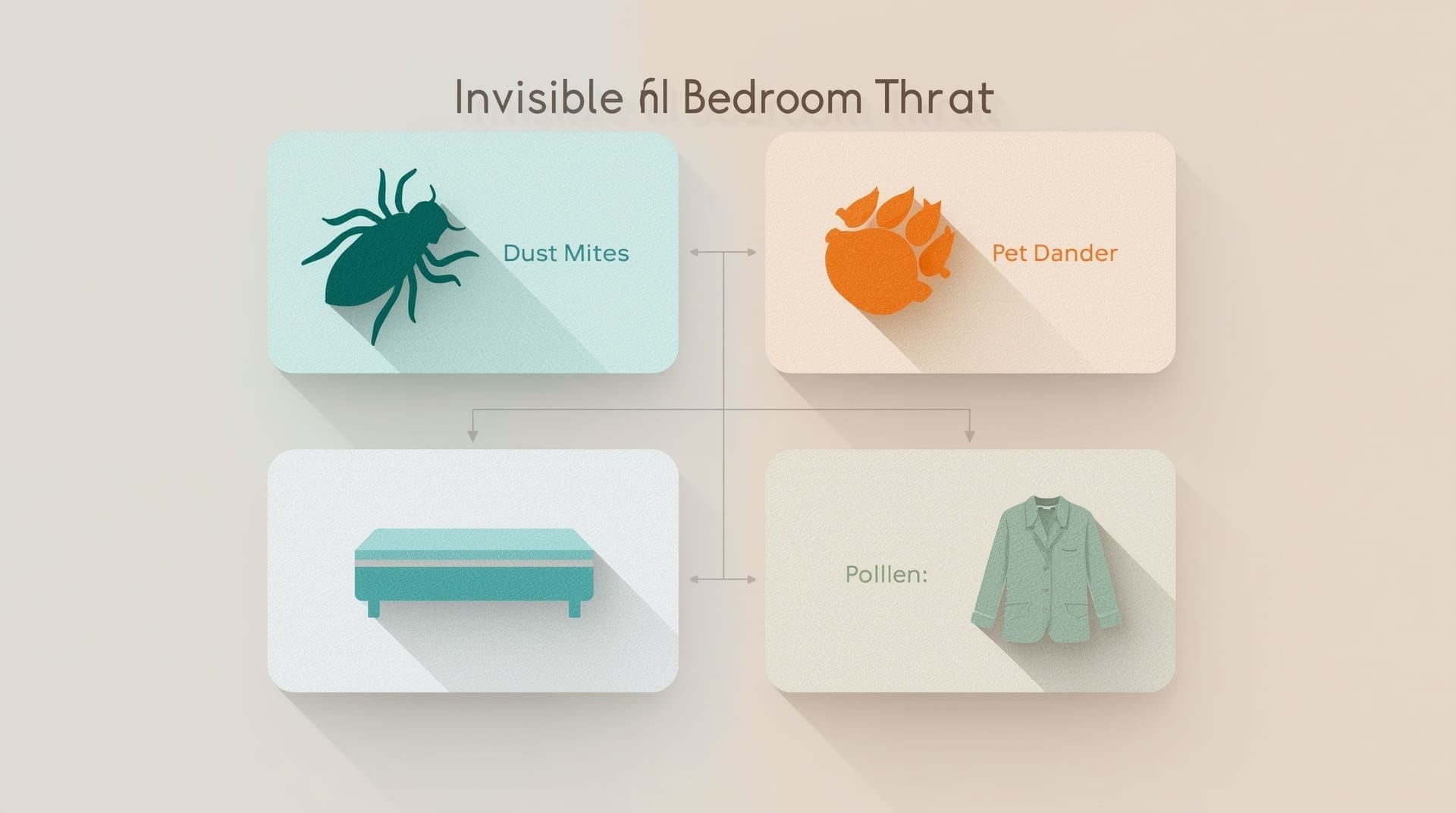 Infographic showing four bedroom allergen types including dust mites pet dander mold and pollen