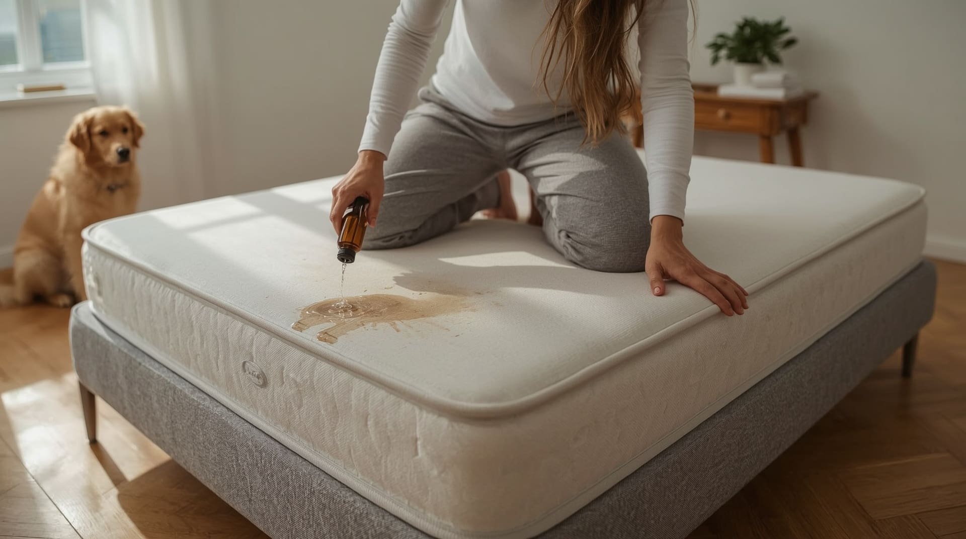 Person applying enzyme cleaner spray onto a pet urine stain on a mattress