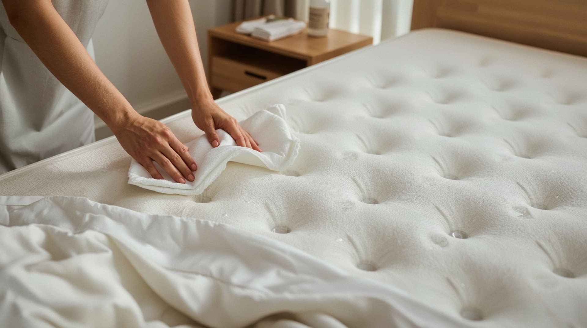 Person blotting blood stain on cream mattress with white cloth
