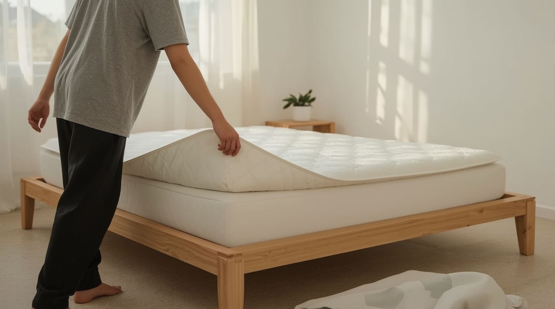 Person fitting a waterproof mattress protector over a foam mattress in bedroom