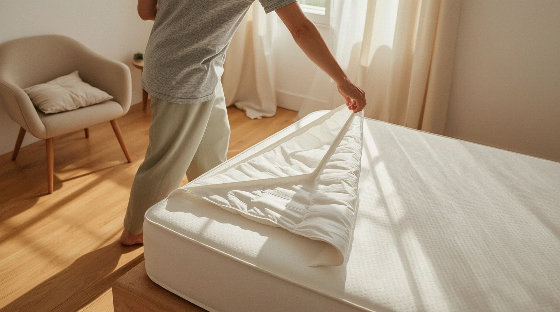 Person fitting white waterproof mattress protector over mattress corner