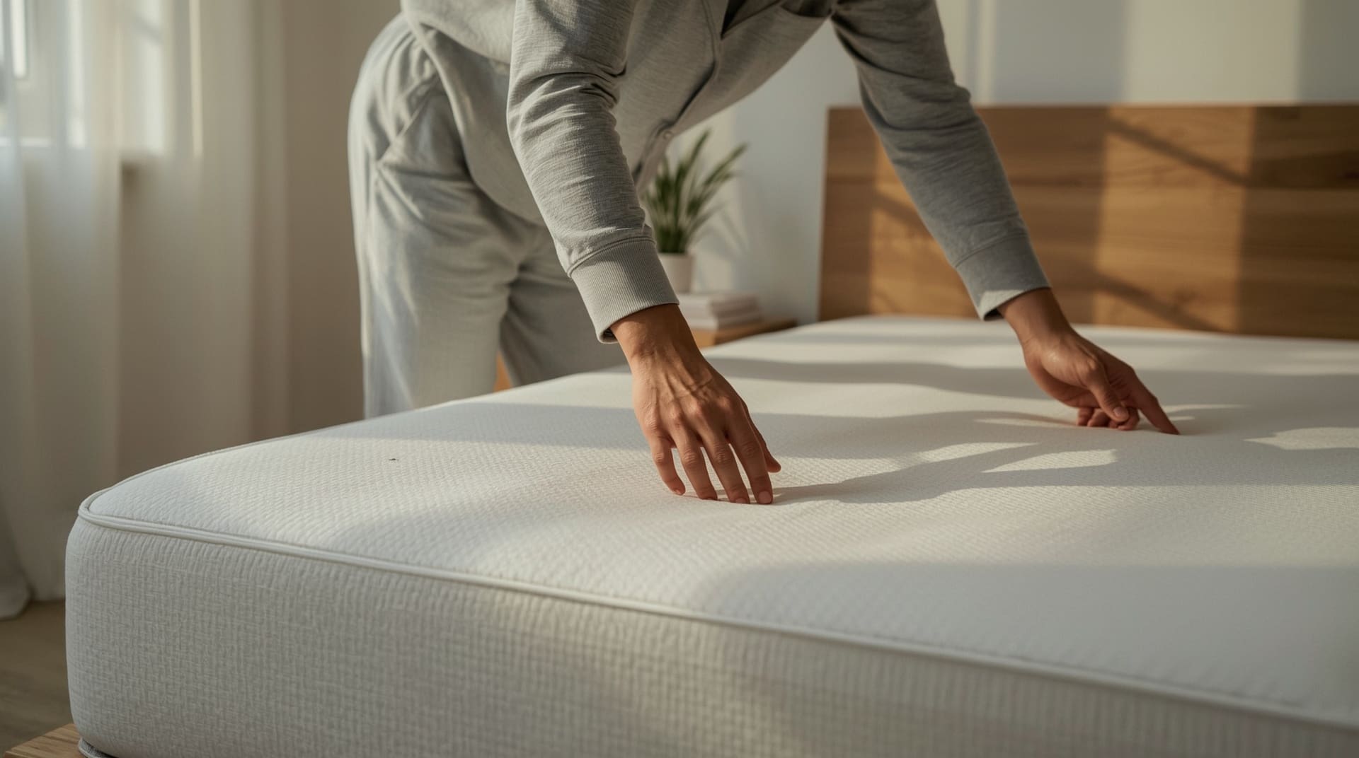 Person placing a mattress protector on a bed to prevent yellow stains