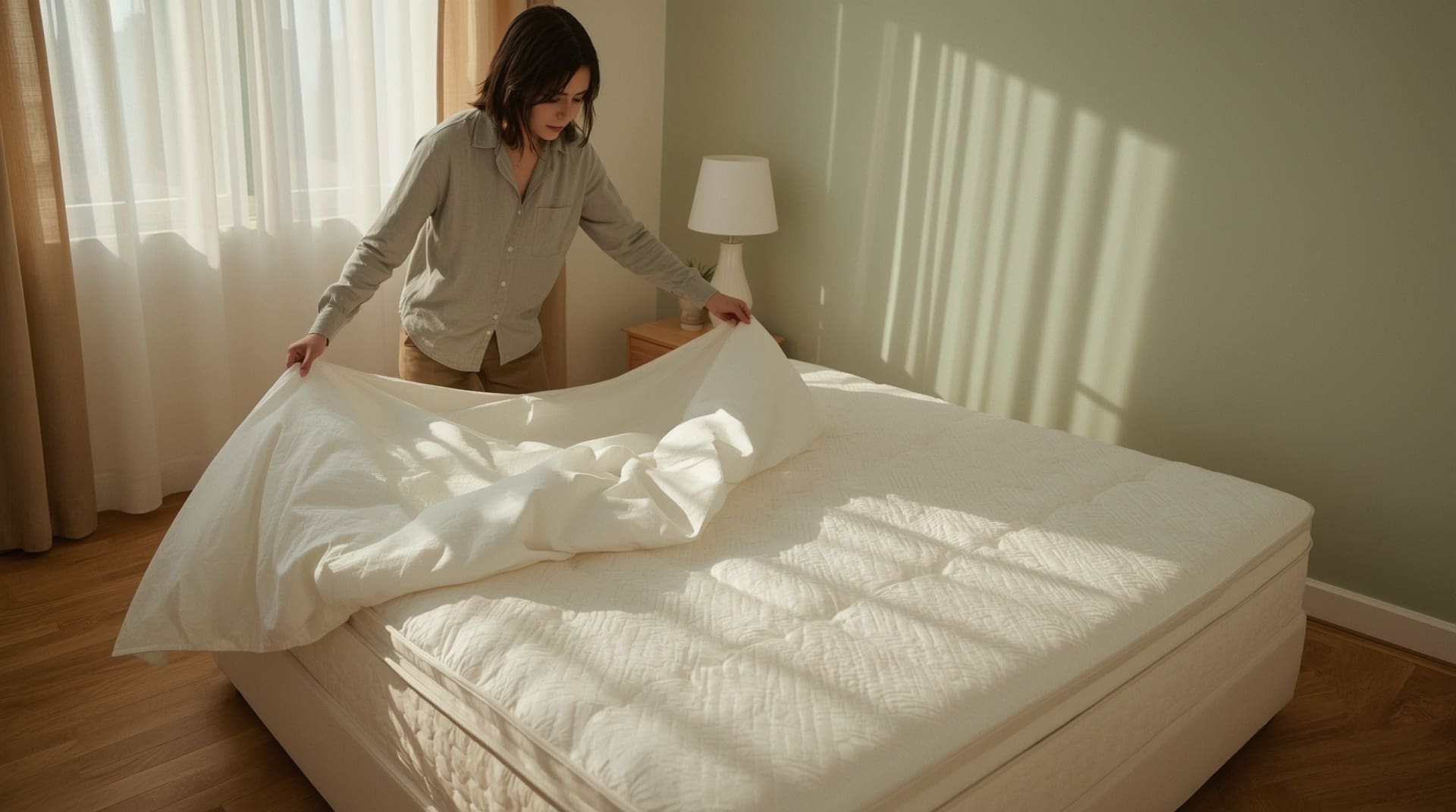 Person pulling back white bedding to air out mattress in sunlit bedroom