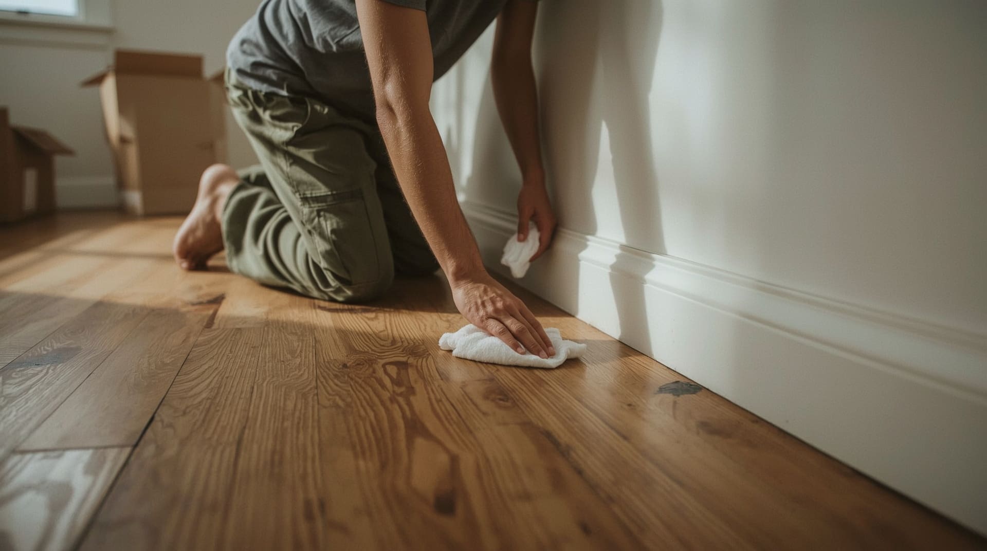 Person scrubbing a stubborn stain off white painted baseboards before moving out