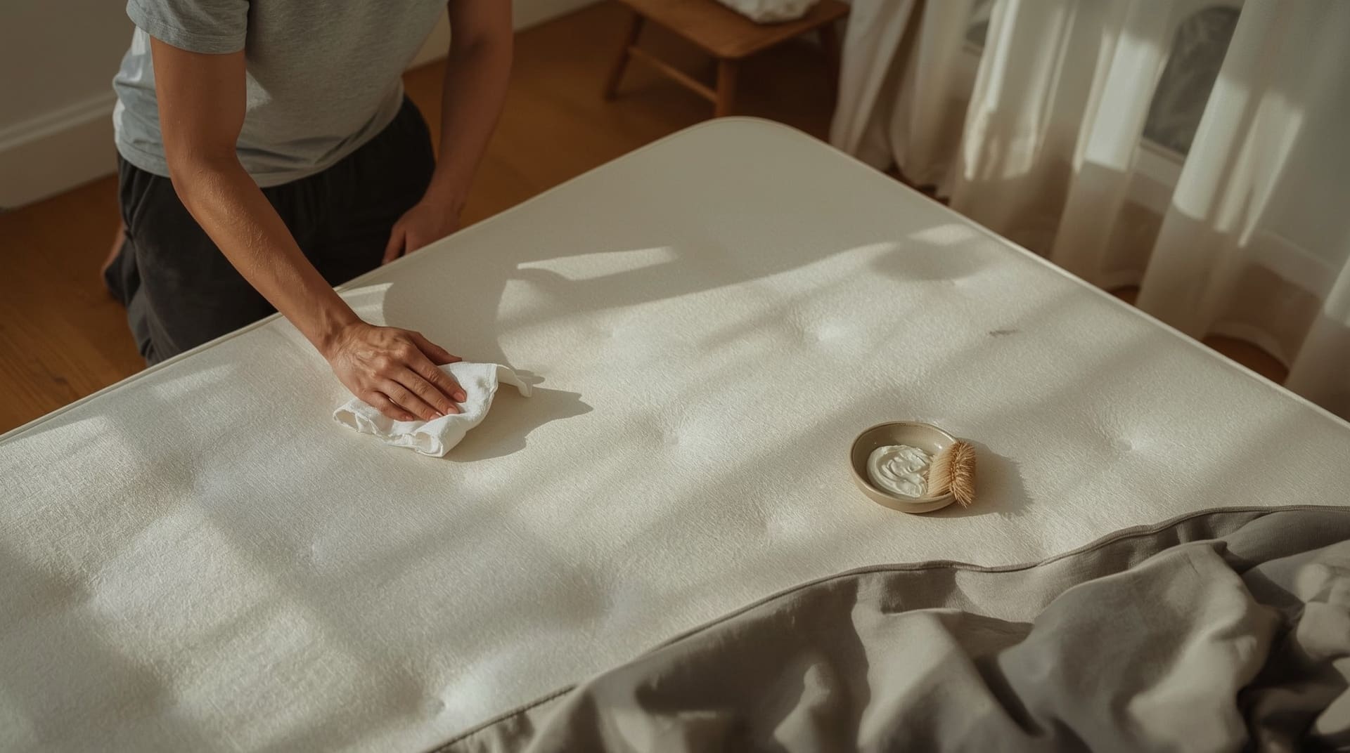 Person treating a mattress stain with baking soda paste using a dabbing cloth technique