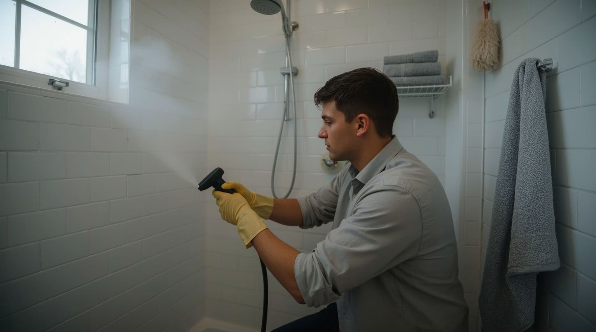 Person using steam cleaner on shower tile grout lines chemical-free