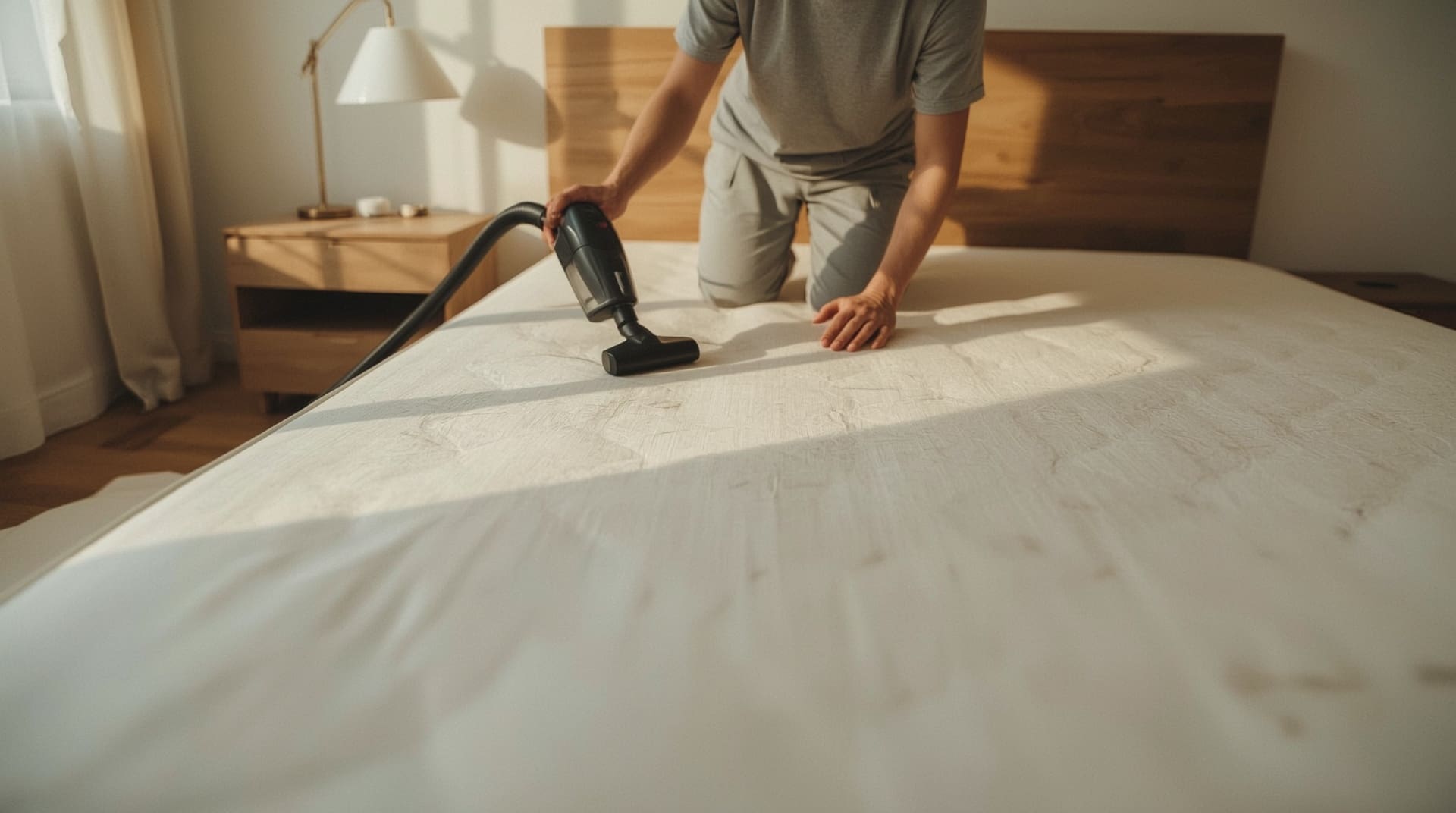 person vacuuming a bare mattress with an upholstery attachment
