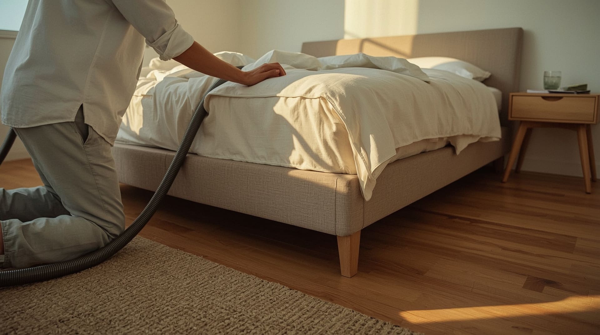 Person vacuuming a bedroom mattress surface with a HEPA vacuum cleaner