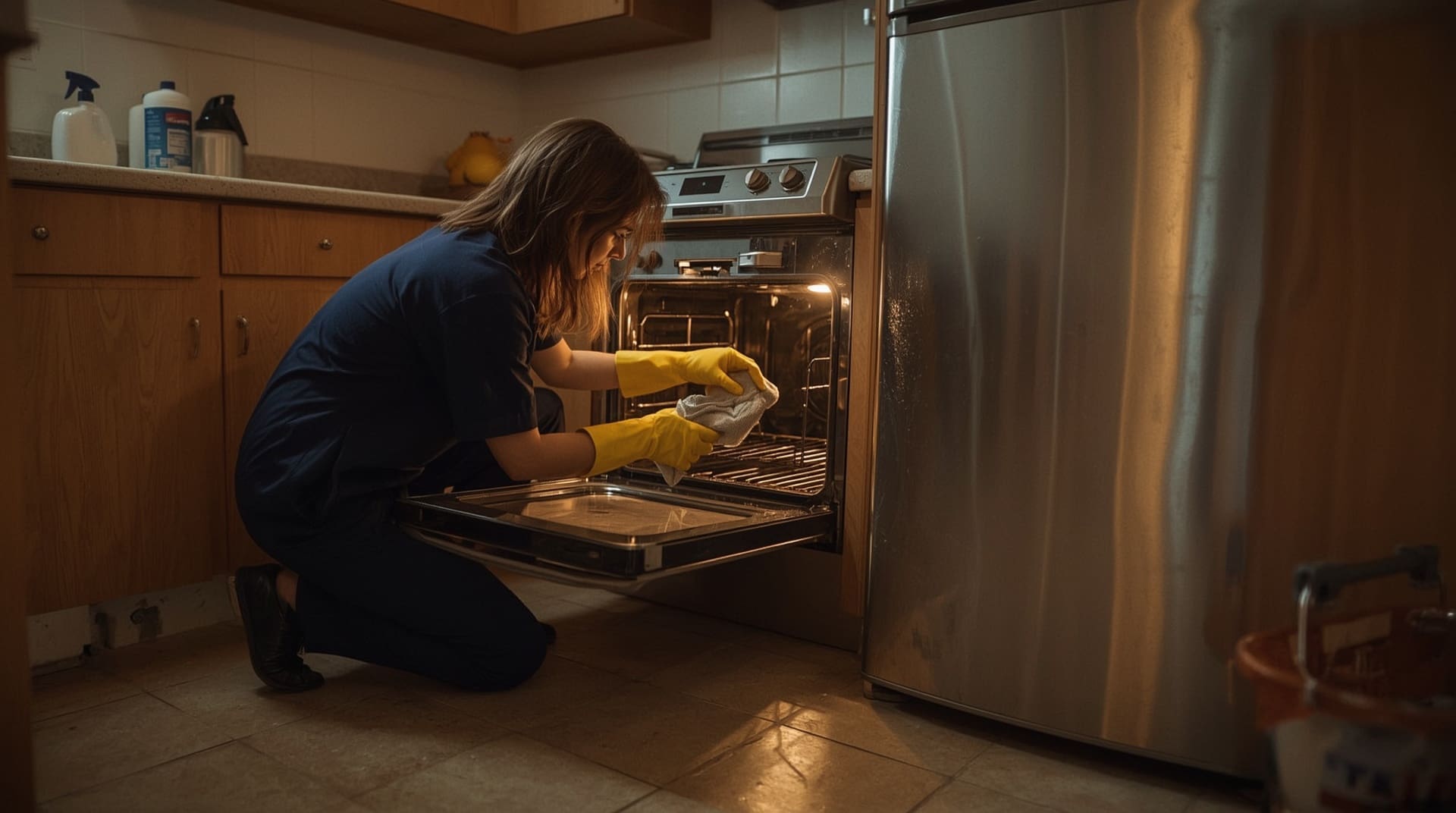 Professional cleaner scrubbing inside apartment oven during deep move-out clean