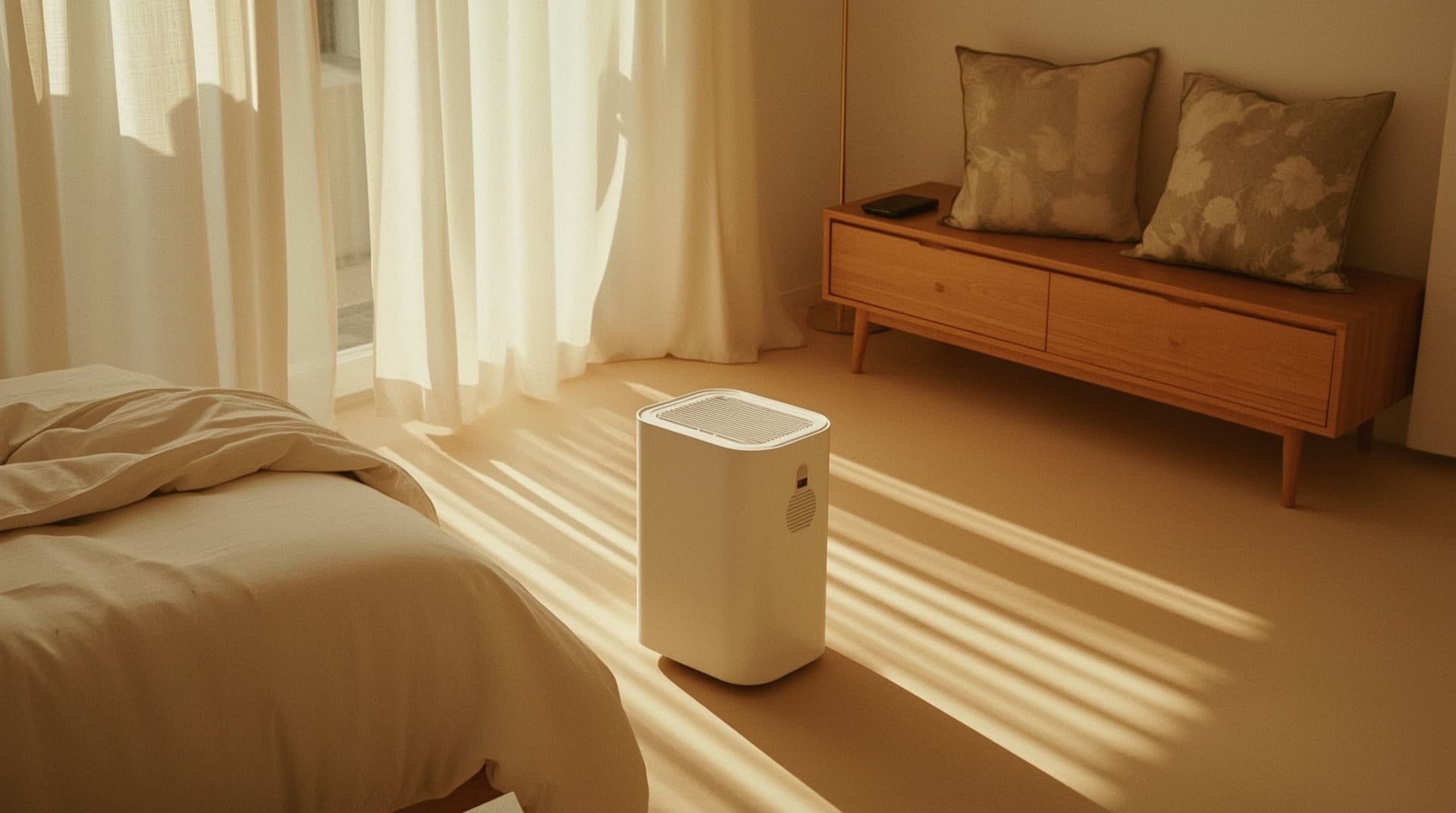 Sunny bedroom with dehumidifier controlling humidity to eliminate dust mites naturally